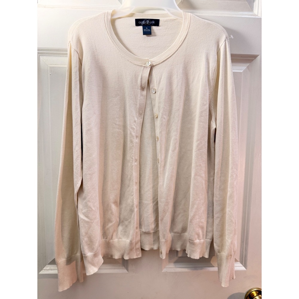 August Silk Cream Ivory Button Front Crewneck Cardigan Sweater XL 19406